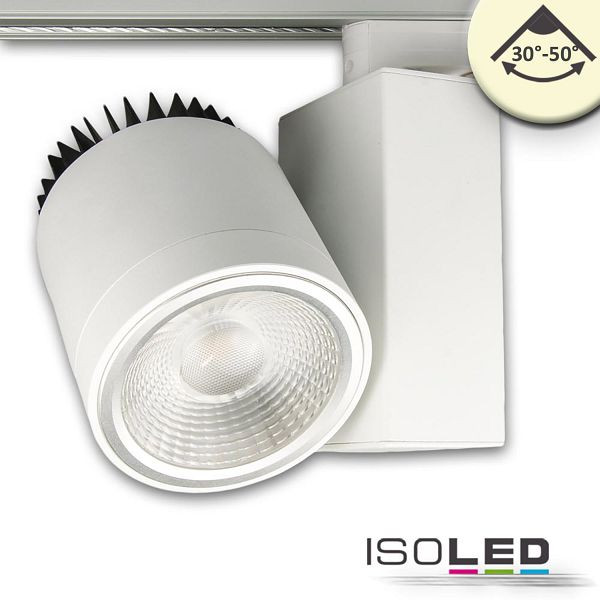 ISOLED 3-Phasen Schienen-Strahler fokussierbar, 36W, 30°-50°, weiß matt, 3000K, CRI92, DALI dimmbar, 115127