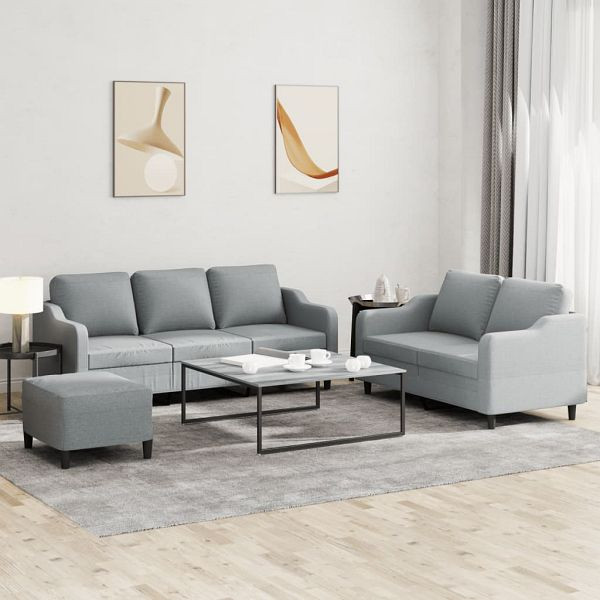vidaXL 3-teilig Sofagarnitur mit Kissen Hellgrau Stoff, 3201842
