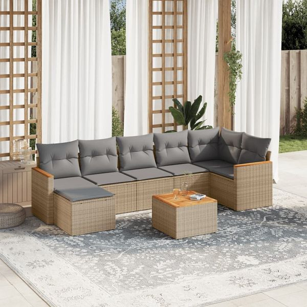 vidaXL 8-tlg. Garten-Sofagarnitur mit Kissen Beige Poly Rattan, 3226199