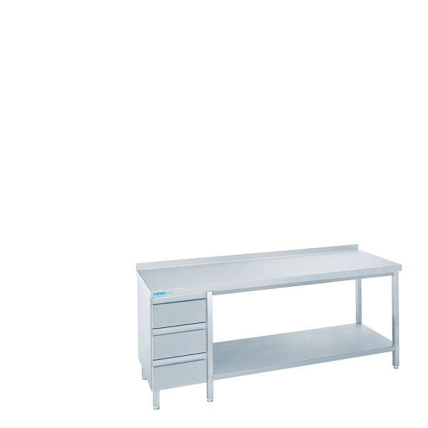 CHROMOnorm Arbeitstisch mit Zwischenboden und Schubaldenblock Links, mit Tischplatte Hinten aufgekantet - 2200x600x850/900 mm, TZ0622CS3L0