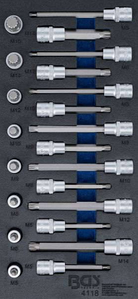 BGS Werkstattwageneinlage 1/3: Bit-Einsatz-Satz, Antrieb Innenvierkant 12,5 mm (1/2"), Innenvielzahn (für XZN), 22-teilig, 4118