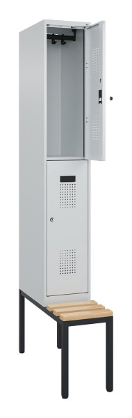 C+P Doppelstock-Spind Evolo PLUS, Bank, 2 Fächer, 2120x300x815mm, 7035/7035, Zylinderschloss, Sitzfläche Buche-Hartholz, Sitzbank, 0493507-10 S10040