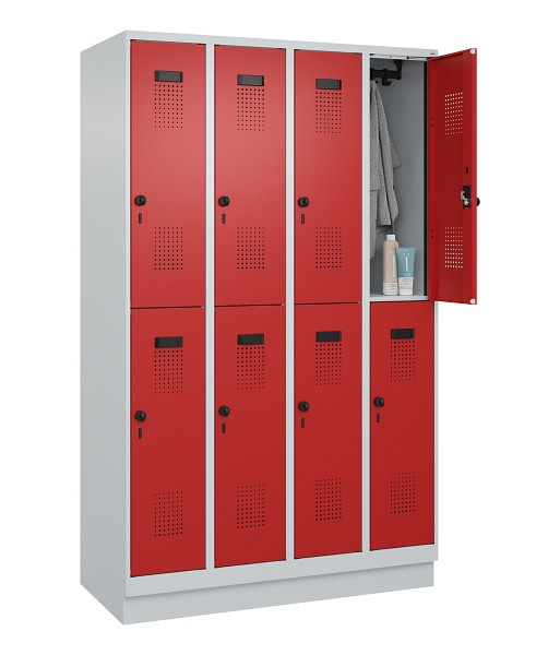 C+P Doppelstöckiger Spind Evolo PLUS, mit Sockel, 8 Fächer, 1950x1200x500mm, 703, Frontfarbe RAL 3000 feuerrot, Drehriegel, 049320-40 S10003