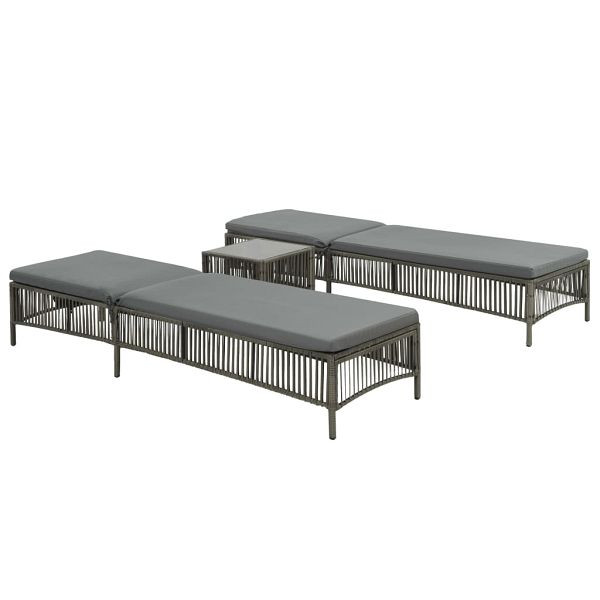 vidaXL Sonnenliegen 2 Stück mit Tisch Poly Rattan Grau, 44456