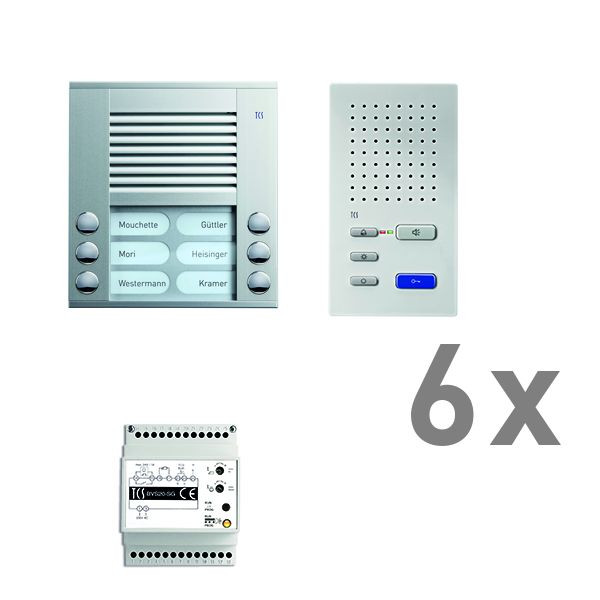 TCS Türkontrollsystem audio:pack AP für 6 Wohneinheiten, mit Außenstation PES 6 Klingeltasten, 6x Freisprecher ISW3030, Steuergerät BVS20, PAAF062/002
