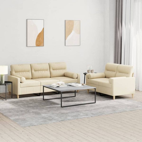 vidaXL 2-teilig Sofagarnitur mit Kissen Creme Stoff, 3201618