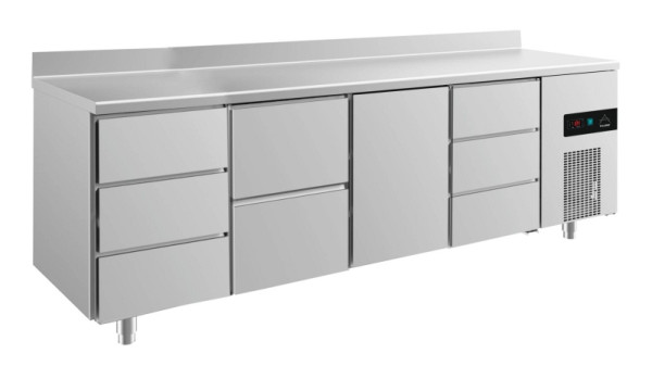 A&S Polarny Kühltisch -2 bis +8°C mit Tür mittig-rechts, zwei Schubladen mittig-links und 2x drei Schubladen, 2330 x 700 x 850 mm, mit Aufkantung, KT4DZTDA