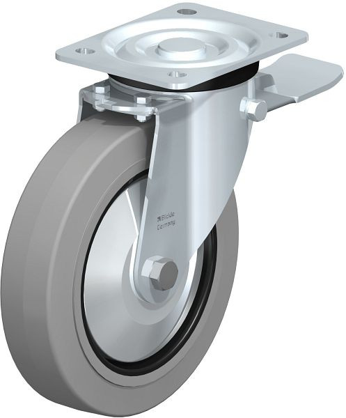 Blickle L-POEV 200XR-ST-SG-FA Stahlblech-Lenkrolle, mittelschwere Ausführung, mit Anschraubplatte & Feststeller, Elastik-Vollgummi, Grau, 850729