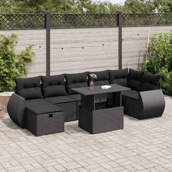 vidaXL 8-tlg. Garten-Sofagarnitur mit Kissen Schwarz Poly Rattan, 3327905