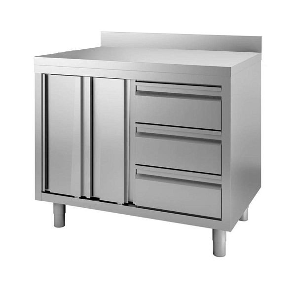 Vaiotec TOPLINE Arbeitsschrank 600 / Flügeltüren, 3 Schubladen rechts und Aufkantung L: 1200 mm, 10391