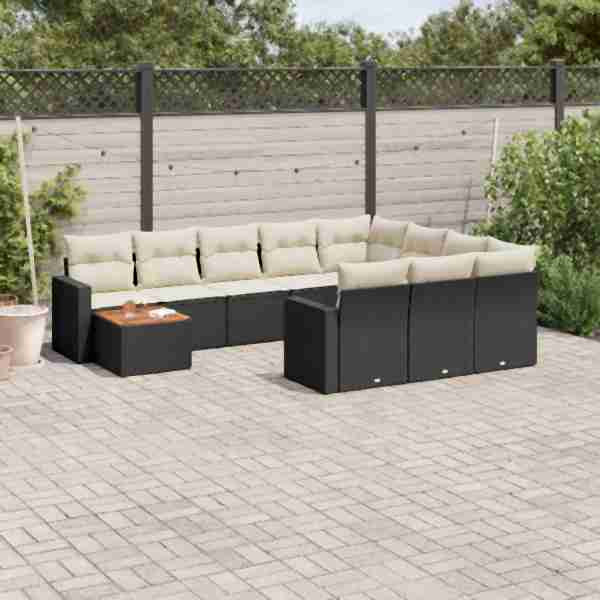 vidaXL 11-tlg. Garten-Sofagarnitur mit Kissen Schwarz Poly Rattan, UV-beständig, 3224306