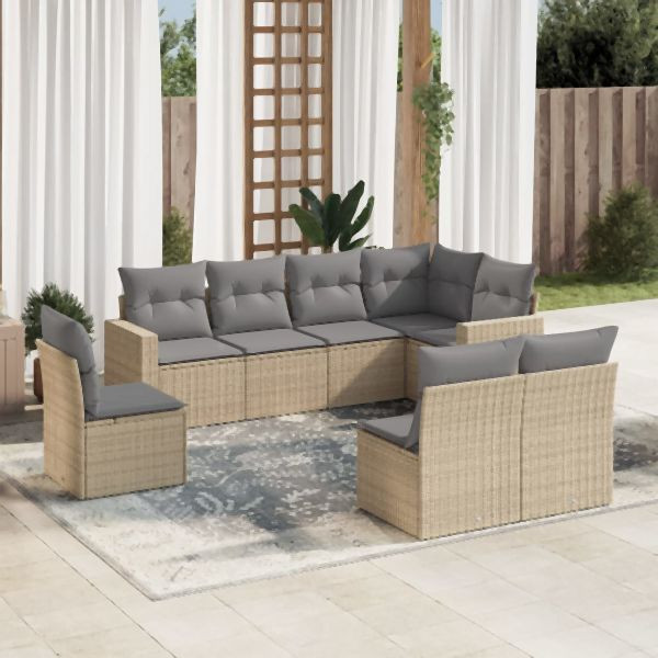 vidaXL 8-tlg. Garten-Sofagarnitur mit Kissen Beige Poly Rattan, 3251406