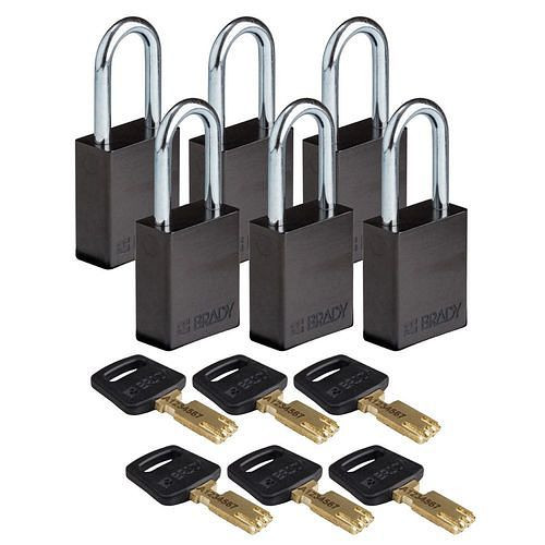 Brady Vorhangschlösser SafeKey, Aluminium, VE: 6 Stück, lichte Bügelhöhe 38,10 mm, schwarz, 307992