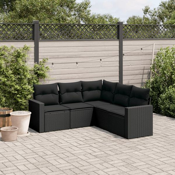 vidaXL 5-teilig Garten-Sofagarnitur mit Kissen Schwarz Poly Rattan, 3218935