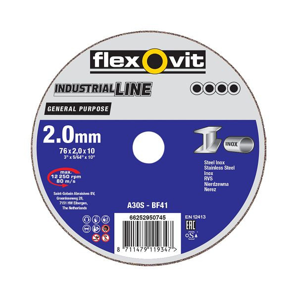 Flexovit GENERAL PURPOSE Trennscheibe Inox, FD38 A30S-BF41 GENERAL PURPOSE, Holmbohrung: 10 mm, VE: 100 Stück, 66252950745