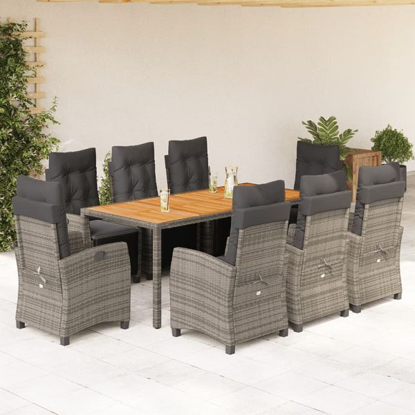 vidaXL 9-teilig Garten-Essgruppe mit Kissen Grau Poly Rattan, 3212917