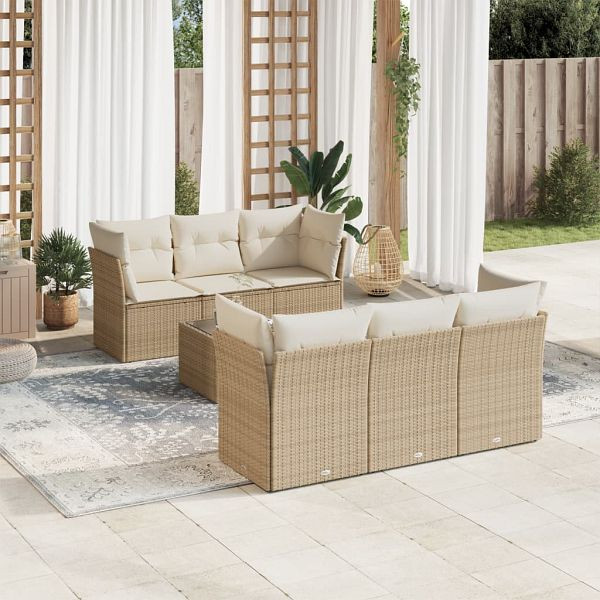 vidaXL 7-teilig Garten-Sofagarnitur mit Kissen Beige Poly Rattan, 3217258
