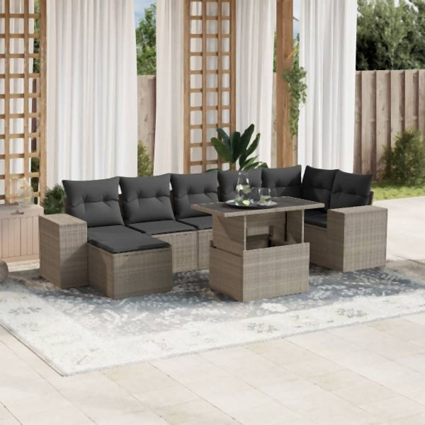 vidaXL 8-tlg. Garten-Sofagarnitur mit Kissen Hellgrau Poly Rattan, 3269322