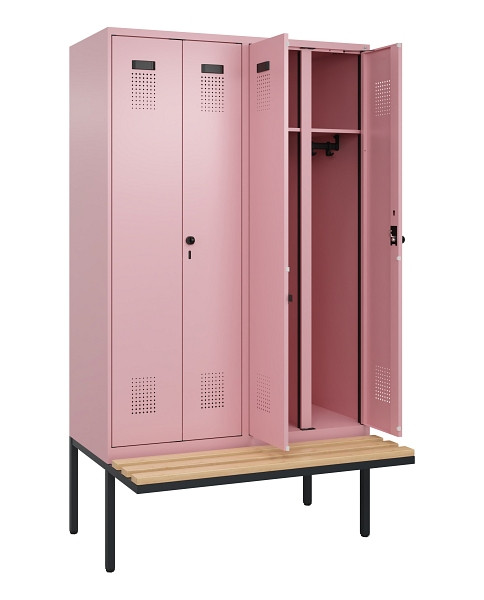 C+P Schwarz-Weiß-Spind Evolo PLUS, Bank, 4 Abteile, 2120x1200x815mm, 3015/3015, Drehriegel, Sitzfläche Holz, 0490427-40 S10024