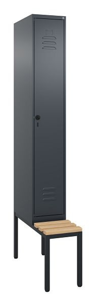 C+P Umkleidespind Classic PLUS mit Mitteltrennwand, Bank, 2120x300x815mm, 7016/7016, Drehriegel, Buche-Sitzleisten, 0800507-10F S10012