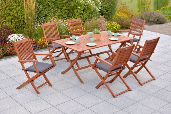 Merxx Rio Set 13-teilig, 6 Rio Klappsessel, 6 Sitzauflagen, grau, 1 Klapptisch, 160 x 90 cm, FSC Eukalyptusholz, 50551-609