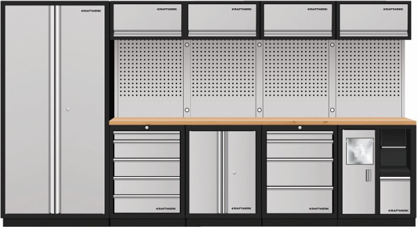 Kraftwerk 5-Element-Schrankwand mit Vierkantlochwand, Multiplex-Arbeitsplatte, 3964H