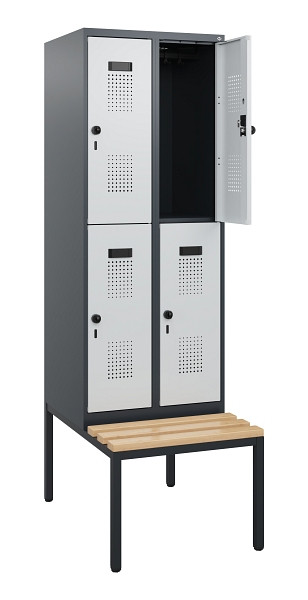 C+P Doppelstöckiger Spind Evolo PLUS, Bank, 4 Fächer, 1950x600x815mm, 7016/7035, Drehriegel, Sitzfläche Buche-Hartholz, Sitzbank, 0493505-20 S10017