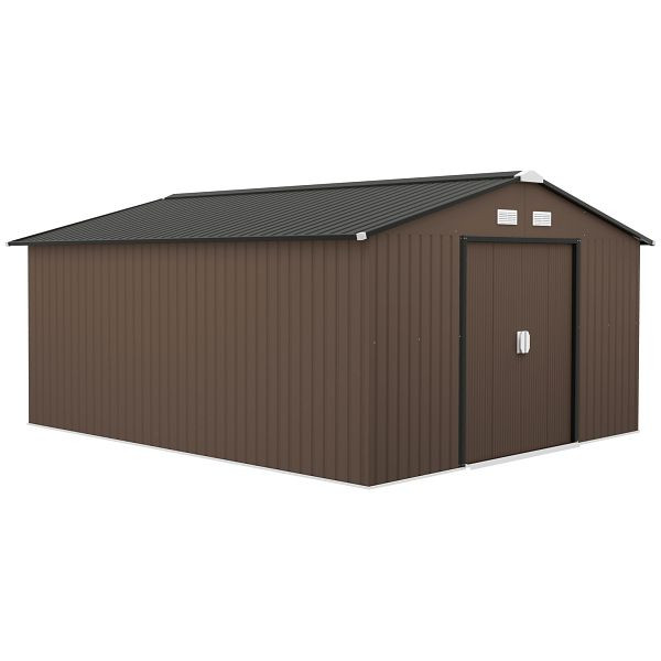 Outsunny Geräteschuppen, Wetterfestes Gartenhaus für Gartengeräte, mit Belüftungsfenstern, Schiebetüren, Stahl, Braun, 845-031V01BN