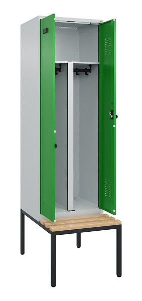 C+P PSA Doppel-Spind Evolo PLUS, Bank, 2 Abteile, 2120x600x815mm, 7035/6037, Drehriegel, Sitzfläche Buche-Hartholz, Sitzbank, 0490527-20P S10011