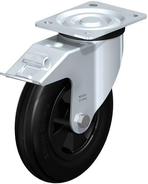 Blickle L-VWPP 200R-FI Stahlblech-Lenkrolle, mittelschwere Ausführung, mit Anschraubplatte & Feststeller, Weichgummi, Schwarz, 755158