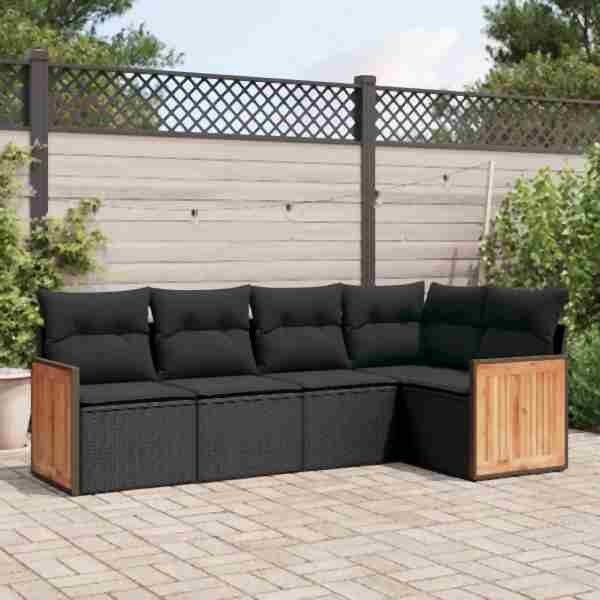 vidaXL 5-tlg. Garten-Sofagarnitur mit Kissen Schwarz Poly Rattan, UV-beständig, 3227623