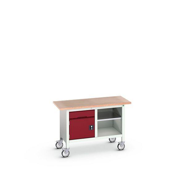 bott verso mobile Kastenwerkbank (Multiplex) mit 1 Schublade, 1 Tür und 1 Ablageboden, BxTxH: 1250 x 600 x 830 mm, Lichtgrau / Purpurrot, 16923200.24