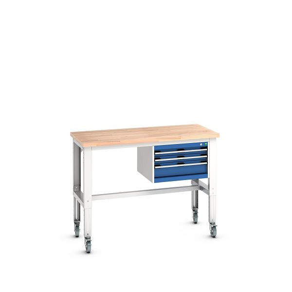 bott cubio Werkbank mobil mit Hängeschrank 3 Schubladen, Rotbuche, höhenverstellbar, BxTxH: 1500x750x840-1140mm, Rotbuche RAL 7035/5010, 41003484.11V