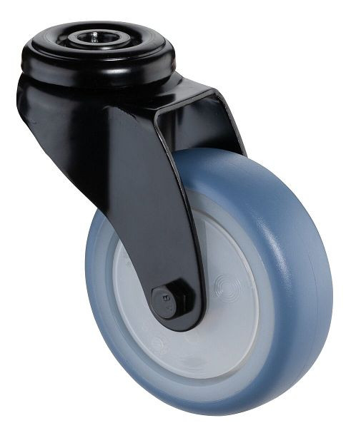 BS Rollen Lenkrolle schwarz, thermoplastisches Gummirad hellblau, Felge natur, Kugellager, Rückenloch, Durchmesser: 75 mm, VE: 4 Stück, A801.A85.075.05