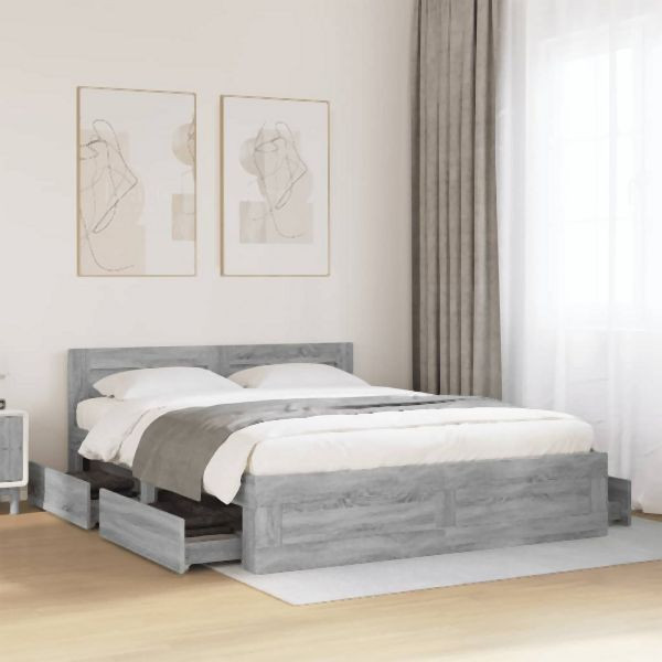 vidaXL Bettgestell mit Kopfteil Grau Sonoma 160x200 cm Holzwerkstoff, 3295553