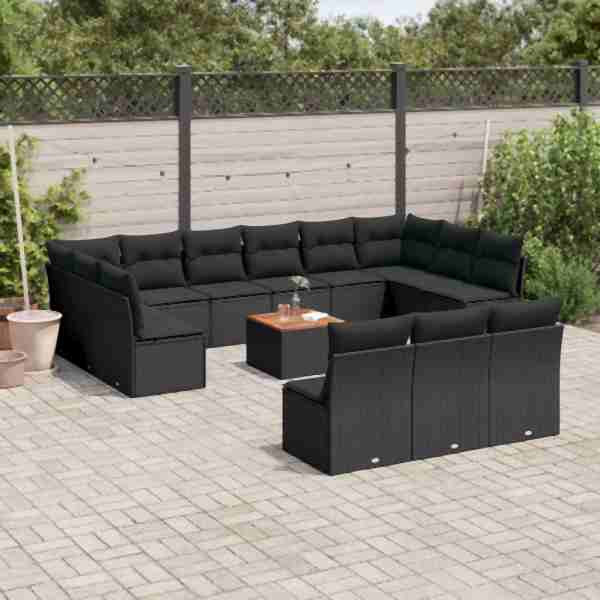 vidaXL 14-tlg. Garten-Sofagarnitur mit Kissen Schwarz Poly Rattan, UV-beständig, 3223899