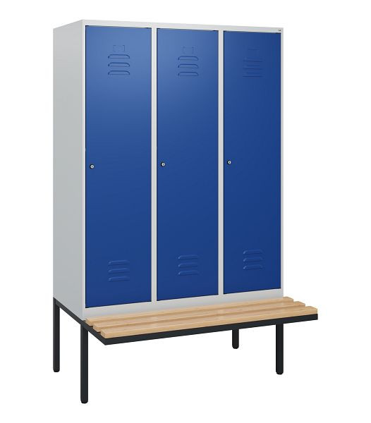C+P Umkleidespind Classic PLUS, 3 Abteile, 1950x1200x815mm, 7035/5010, Zylinderschlösser, Buche-Sitzleisten, 0800405-32 S10018