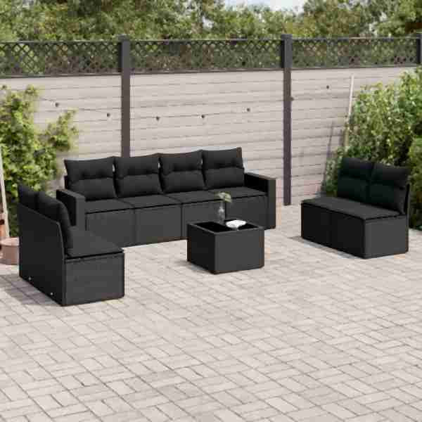 vidaXL 9-tlg. Garten-Sofagarnitur mit Kissen Schwarz Poly Rattan, UV-beständig, 3251192