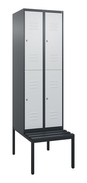 C+P Doppelstöckiger Spind Classic PLUS, 2 Abteile, 2120x600x815mm, 7016/7035, Zylinderschlösser, mit untergebauter Sitzbank, 0803507-20 S10028