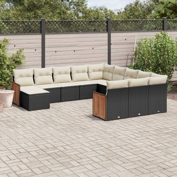 vidaXL 12-tlg. Garten-Sofagarnitur mit Kissen Schwarz Poly Rattan, 3260663