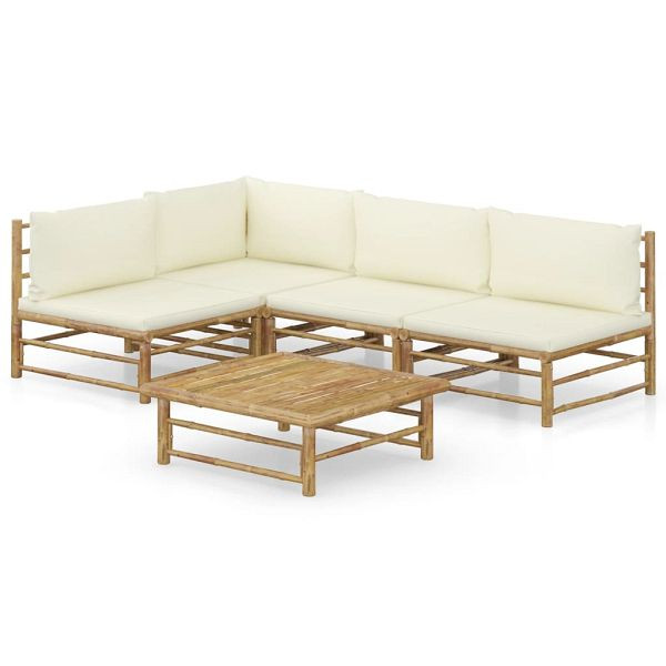 vidaXL 5-teilig Garten-Lounge-Set mit Cremeweißen Kissen Bambus, 3058241