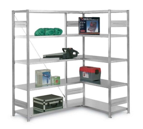 hofe Eckregal 3000 mm hoch x 500 mm tief mit 7 Fachböden 1300 mm breit und 10 Traversen, Anbaufeld mit 7 Fachböden, lichtgrau, HKE30513AXL