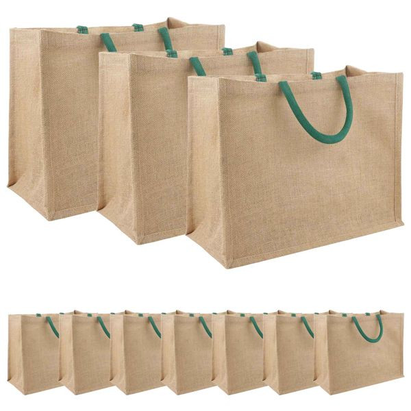 vidaXL Jute-Handtaschen 10-teilig Natürlich und Grün 42 x 33 x 19 cm, 42012287