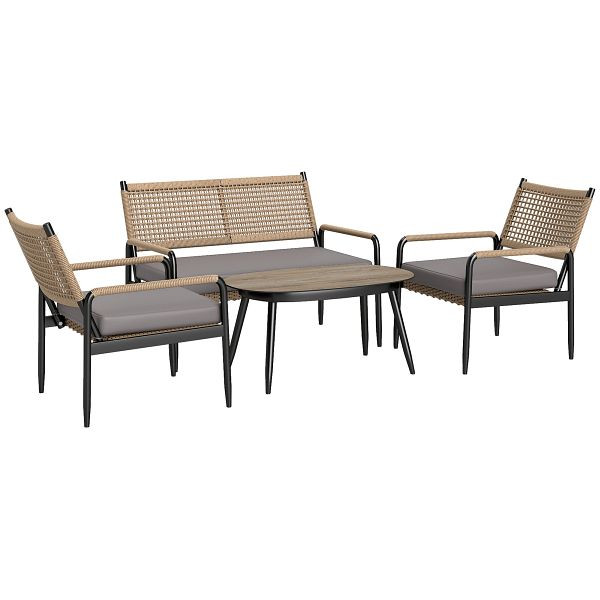 Outsunny Gartenmöbel Set aus Polyrattan Lounge-Set mit 2er Sofa Sessel Glastisch Kissen für 4 Personen Dunkelgrau+Gelb, 860-393V00CG