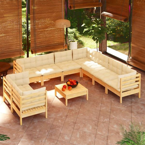 vidaXL 10-tlg. Garten-Lounge-Set mit Creme Kissen Massivholz Kiefer, 3096905