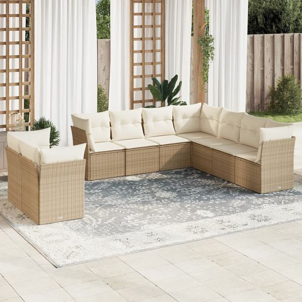 vidaXL 9-teilig Garten-Sofagarnitur mit Kissen Beige Poly Rattan, 3249677