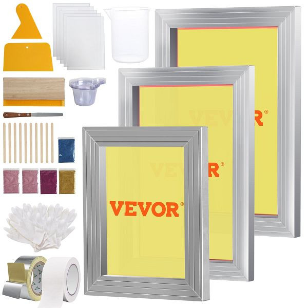 VEVOR Siebdruck Kit, 3 Stück Aluminium Siebdruck Rahmen 6x10/8x12/10x14 Zoll 110 Mesh, 5 Glitter & Siebdruck Rakel & Folien, SYKJZHCCG3110ZNMRV0