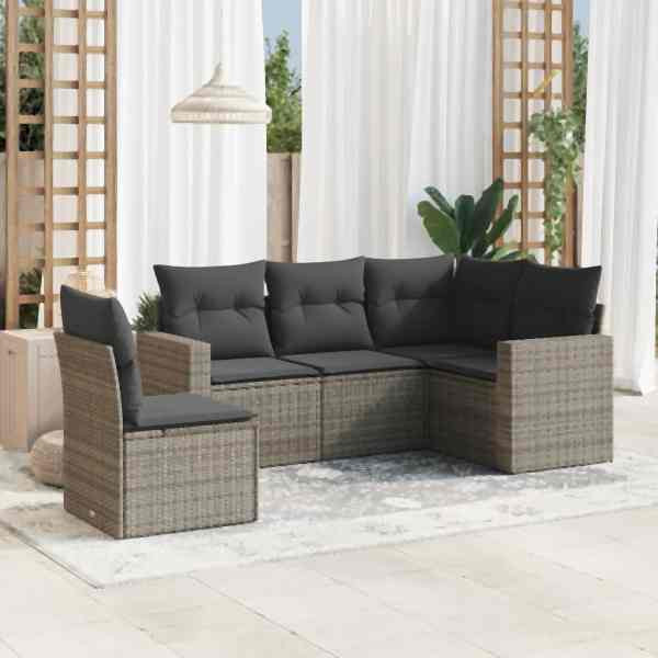 vidaXL 5-tlg. Garten-Sofagarnitur mit Kissen Grau Poly Rattan, UV-beständig, 3251307