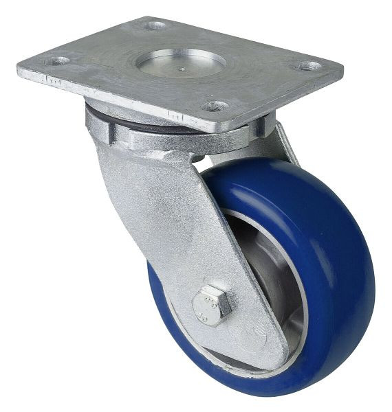 BS Rollen Schwerlastrolle Lenkrolle, Polyurethanrad 83 Shore, Aluminiumfelge, Kugellager, Platte, Durchmesser: 125 mm, RR100.B92.125