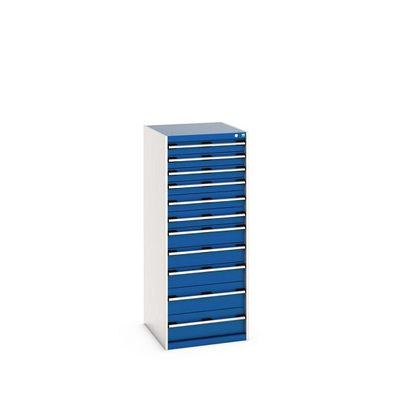bott cubio Schubladenschrank bestückt, mit 11 Schubladen, BxTxH: 650x750x1600mm, RAL 7035/5010, Enzianblau, 40027047.11V